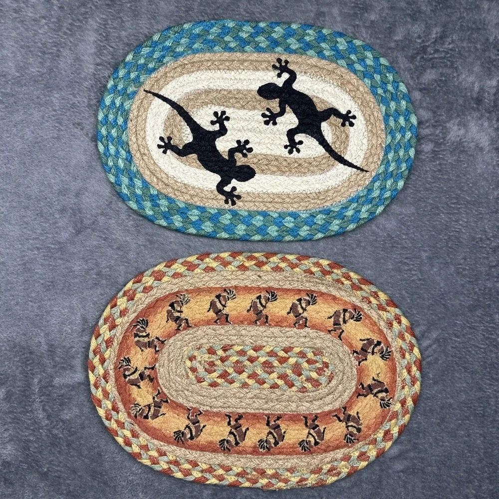 Earth Rugs 2 Items Gecko Lizard Kokopelli‎ Braided Jute Trivet Hot Pad Table Mat